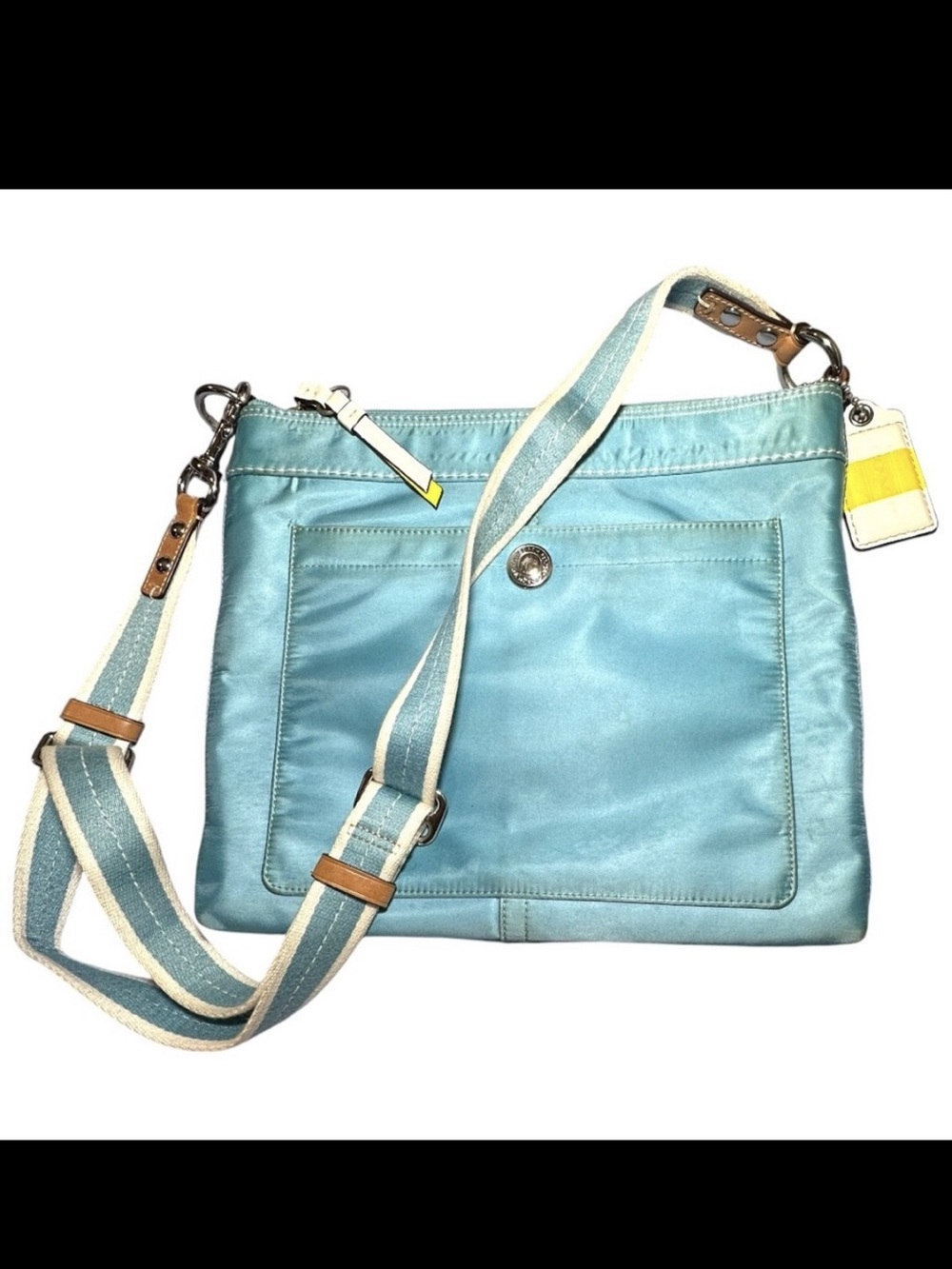 Coach crossbody bag with hangtag blue satin w/navy blue interior